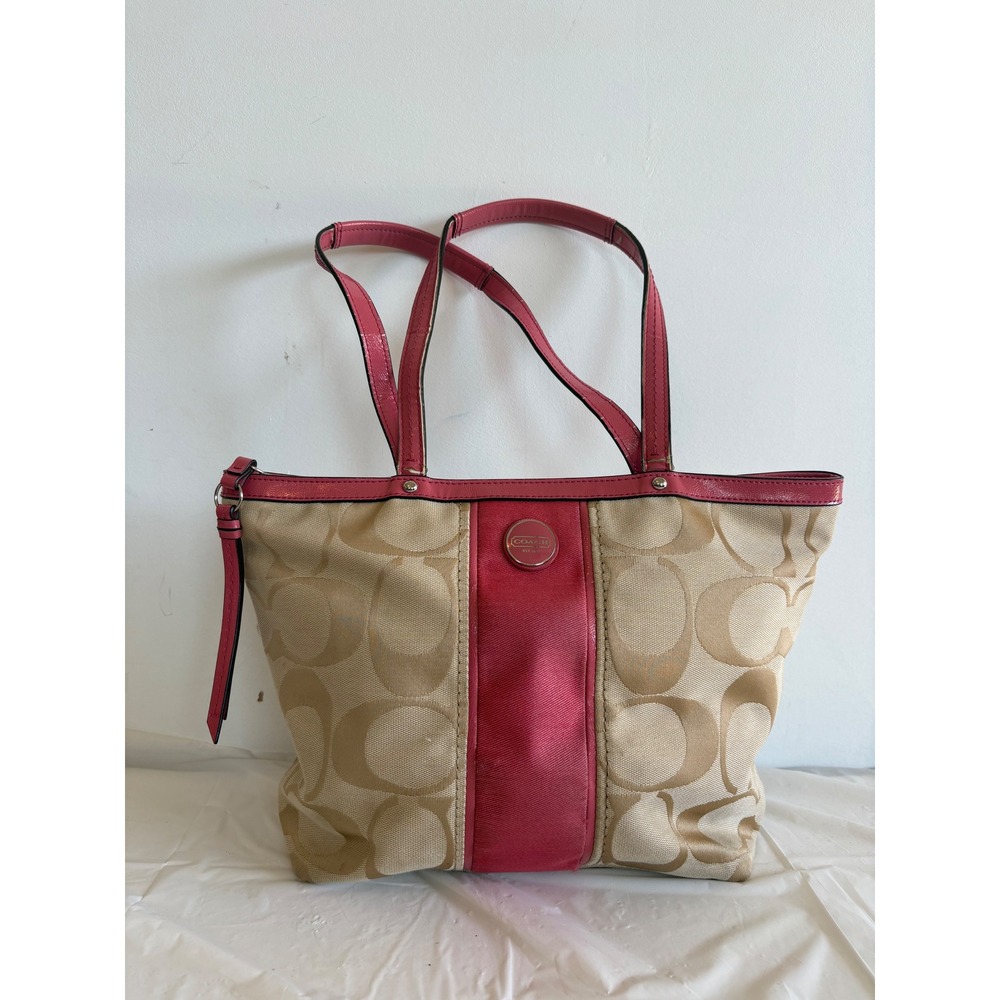 Coach Signature Stripe Tote Khaki Pink Jacquard preppy y2k Canvas Shoulder Bag